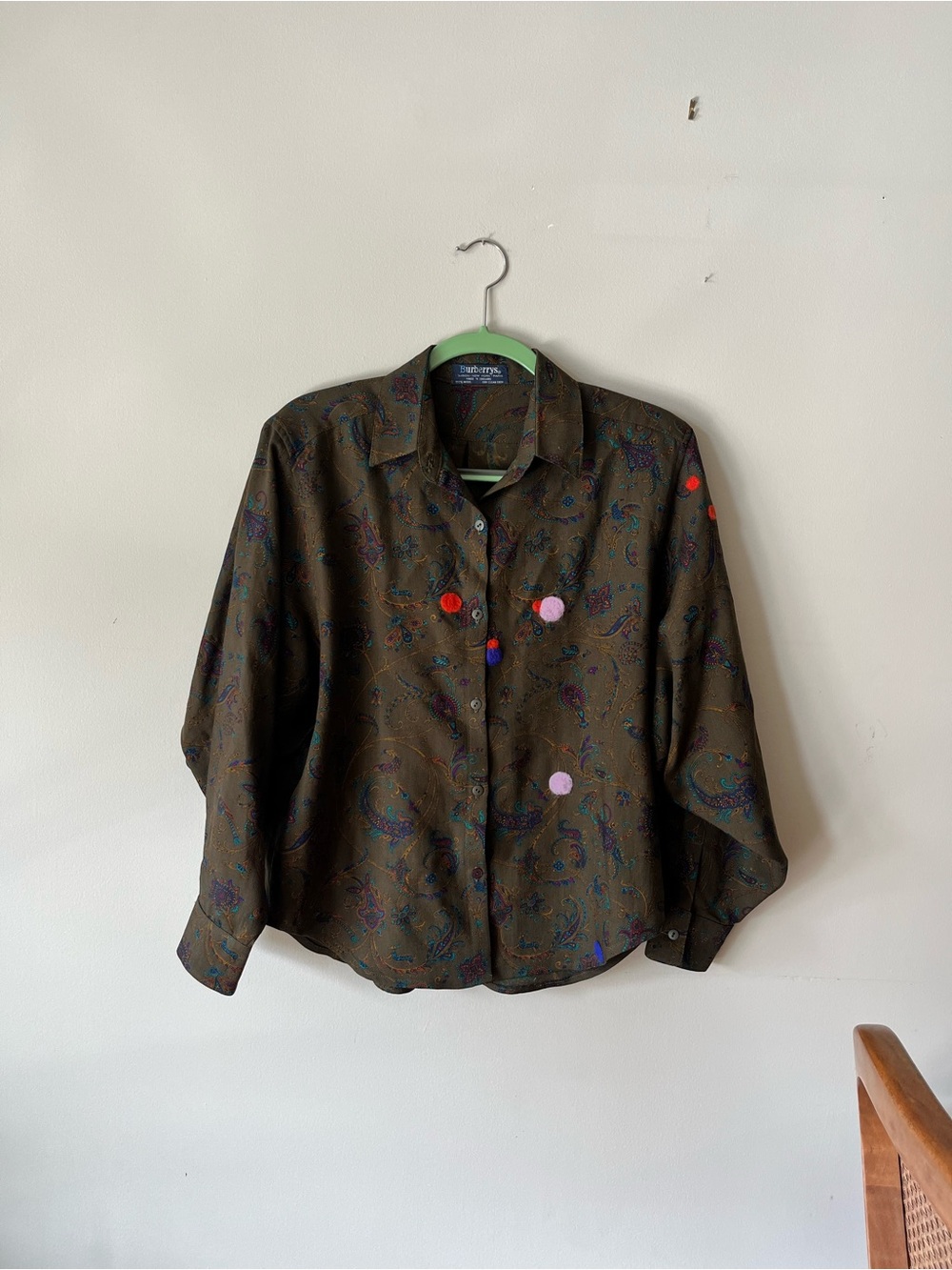 Vintage Burberry Wool Paisley Button-Up Shirt in Olive Brown with felted repairs